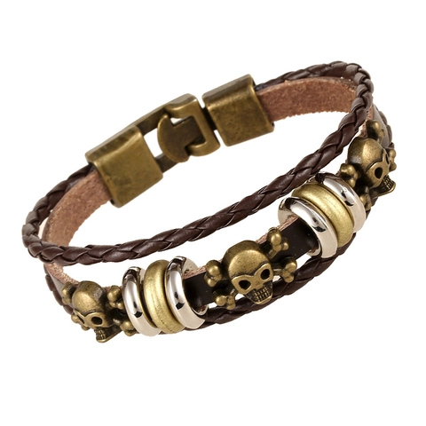Punk Vintage Multilayer Braided Cowhide Leather Bracelet Alloy Skeleton Pendant Men Women Wrap Wristband Rock Jewelry Gift