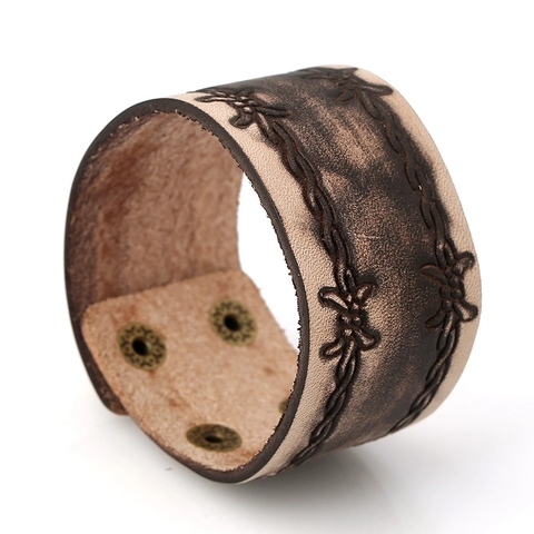 Bracciale Vintage da Uomo Punk in Vera Pelle Larga Bracciale Rigido in Pelle di Vacchetta con Stampa Filo Spinato Gioielli Retro