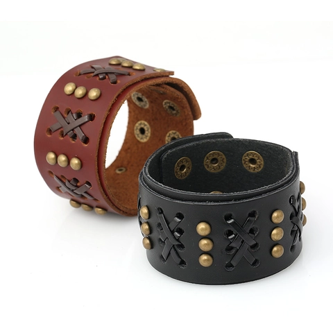 Punk Echtleder Armband Für Damen Herren Vintage Geflochten Breite Manschette Armreif Mit Nieten Retro Rock Stil Verstellbarer Schmuck