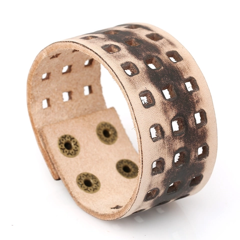 Punk Retro Breites Echtes Rindsleder Armband Für Herren Geometrischer Ausschnitt Distressed Cuff Bangle Handgefertigter Schmuck