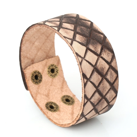 Vintage Punk Breites Lederarmband Für Herren Rindsleder Rautenmuster Geprägte Manschette Verstellbare Metallknopf Schmuck Geschenk