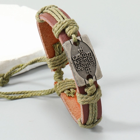 Retro Woven Bovine Leather Bracelet Russian Scripture Alloy Plate Adjustable Handcrafted Ethnic Jewelry For Men Women