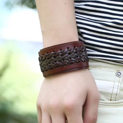 Vintage Punk Herren Geflochtenes Rindsleder Armband Breite Manschette Armreif Mit Verstellbaren Metall Druckknöpfen Dunkelbraun Schmuck