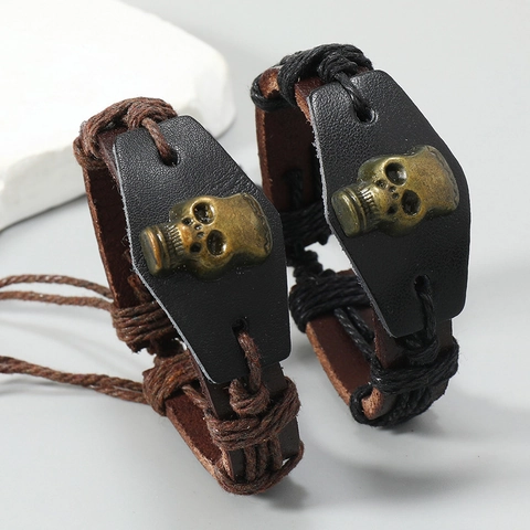 Retro Punk Totenkopf Geflochtenes Lederarmband Für Herren Damen Gothic Handgefertigtes Rindsleder Legierung Verstellbares Halloween Schmuck