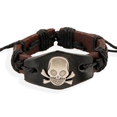 Vintage Punk Hand-Woven Leather Bracelet For Men Women Alloy Skull Crossbones Charm Adjustable Hemp Rope Braided Jewelry Gift