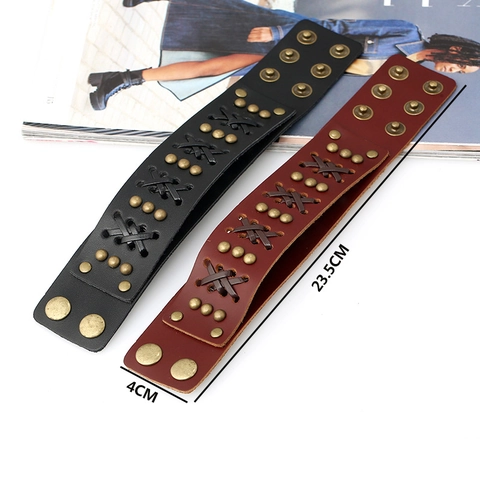 Punk Echtleder Armband Für Damen Herren Vintage Geflochten Breite Manschette Armreif Mit Nieten Retro Rock Stil Verstellbarer Schmuck
