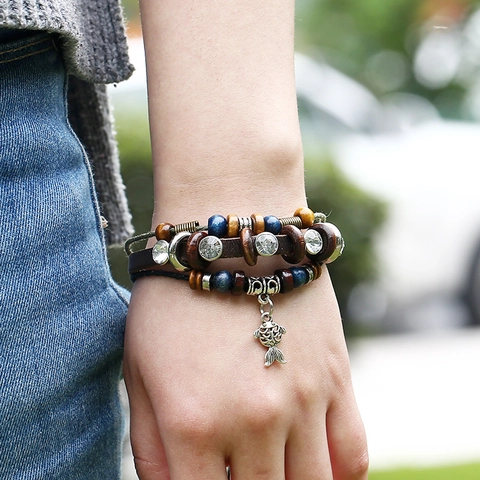 Men's Vintage Cowhide Leather Bracelet Multi-layer Beaded Braided Adjustable Ethnic Bohemian Jewelry Alloy Fish Pendant Rhinestone