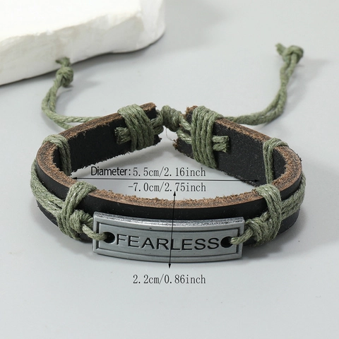 Vintage Retro Lederarmband Fearless Metallplakette Handgewebtes Rindsleder Legierung Hanfseil Verstellbarer Punk Armreif Unisex