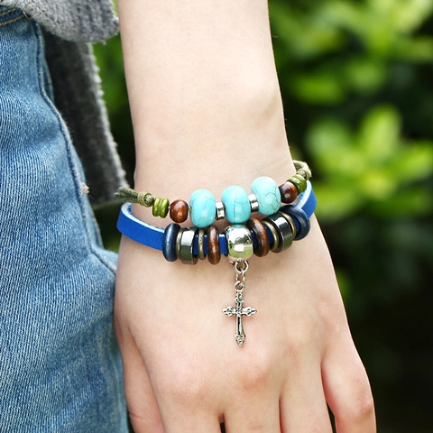 Retro Handmade Multi-layer Leather Bracelet For Men Bohemian Beaded Hand Rope With Silver Cross Pendant Adjustable Ethnic Jewelry