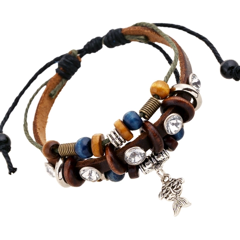 Men's Vintage Cowhide Leather Bracelet Multi-layer Beaded Braided Adjustable Ethnic Bohemian Jewelry Alloy Fish Pendant Rhinestone