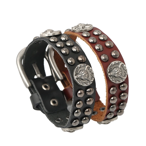 Vintage Punk Leather Bracelet Bull Skull Metal Rivet Studded Adjustable Wristband For Men Women Rock Gothic Jewelry
