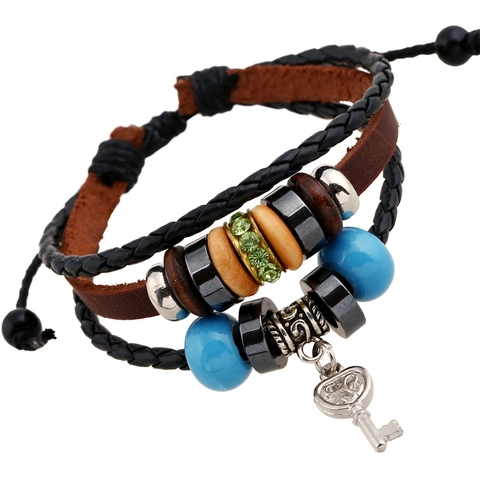 Pulsera de Cuero de Varias Capas Vintage para Hombre Cuerda de Cáñamo Tejida Cuentas de Madera Colgante de Llave Joyería Étnica