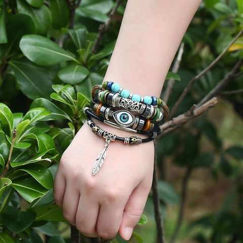 Ethnic Multilayer Leather Bracelet For Men Women Adjustable Evil Eye Feather Pendant Turquoise Wood Beaded Wrap Bracelet