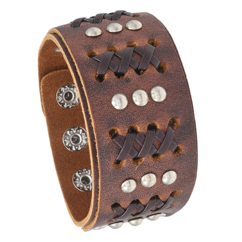 Bracciale in Pelle Larga Punk Vintage da Uomo Polsino in Pelle di Vacca con Borchie Rivetti Gotici Gioielli Regolabili