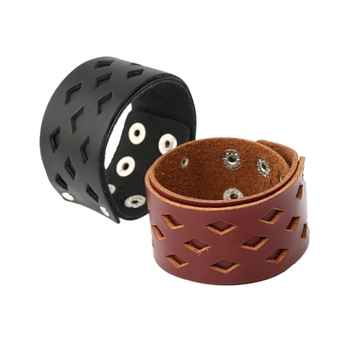 Vintage Punk Breit Lederarmband Für Herren Rindleder Metallschnalle Geflochten Hohl Geometrisch Manschette Armreif