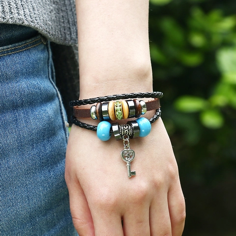 Pulsera de Cuero de Varias Capas Vintage para Hombre Cuerda de Cáñamo Tejida Cuentas de Madera Colgante de Llave Joyería Étnica