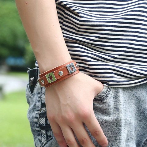 Vintage Rindsleder Armband Für Damen Herren Retro Punk Rock Breit Manschette Armreif Mit Hohlem Ahornblatt Legierung Nieten