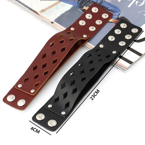 Vintage Punk Breit Lederarmband Für Herren Rindleder Metallschnalle Geflochten Hohl Geometrisch Manschette Armreif