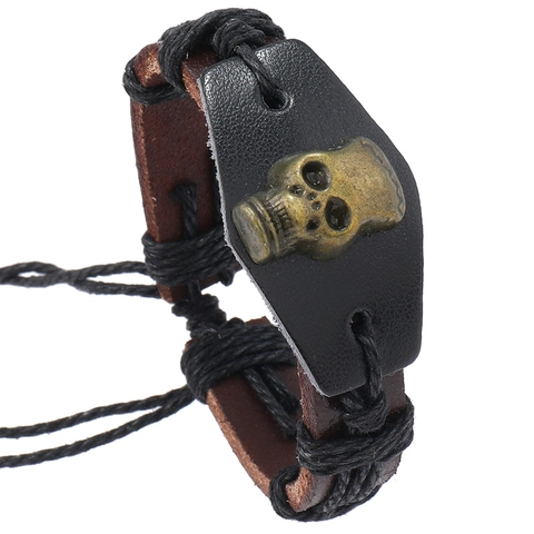 Retro Punk Totenkopf Geflochtenes Lederarmband Für Herren Damen Gothic Handgefertigtes Rindsleder Legierung Verstellbares Halloween Schmuck