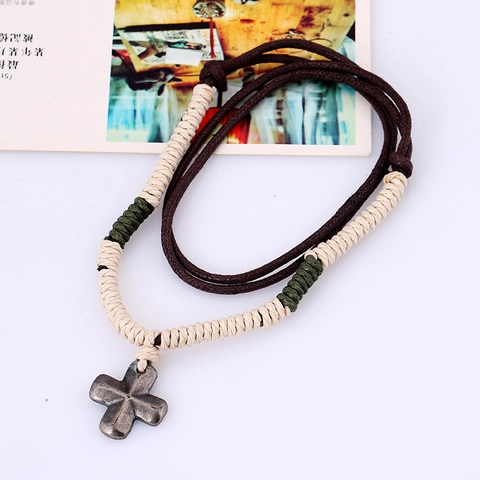 Collana Pendente a Croce in Lega Vintage Per Uomo Stile Punk Gioielli in Metallo Antico Cordino Intrecciato a Mano Regolabile