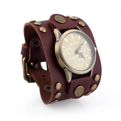 Herren Vintage Punk Breites Rindleder Armbanduhr Retro Quarz Armbanduhr Mit Legierung Nieten Verstellbarem Handriemen Schmuck