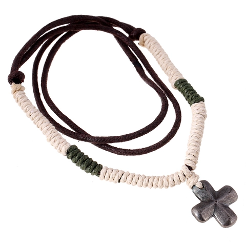 Collana Pendente a Croce in Lega Vintage Per Uomo Stile Punk Gioielli in Metallo Antico Cordino Intrecciato a Mano Regolabile