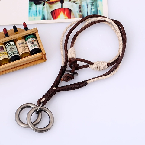 Vintage Punk Dubbele In elkaar Grijpende Ringen Hanger Ketting Echt Leer Gevlochten Koord Retro Brons Legering Sieraden