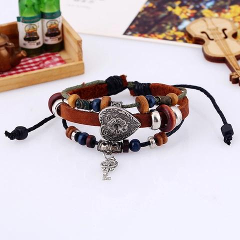 Vintage Cowhide Leather Multilayer Braided Bracelet For Men Women Bohemian Punk Heart Key Pendant Adjustable Beaded Hand Jewelry