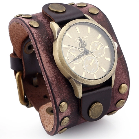 Herren Vintage Punk Breites Rindleder Armbanduhr Retro Quarz Armbanduhr Mit Legierung Nieten Verstellbarem Handriemen Schmuck