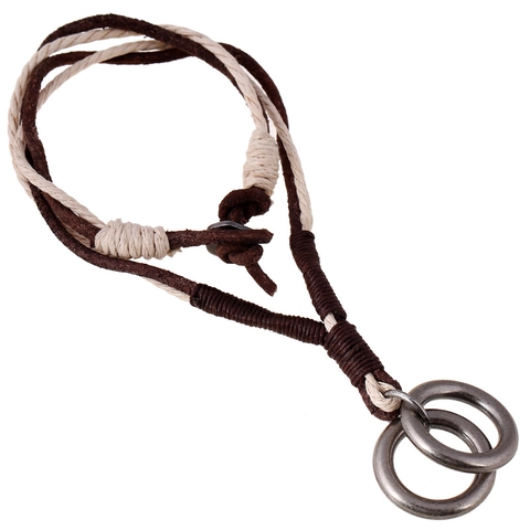 Vintage Punk Dubbele In elkaar Grijpende Ringen Hanger Ketting Echt Leer Gevlochten Koord Retro Brons Legering Sieraden