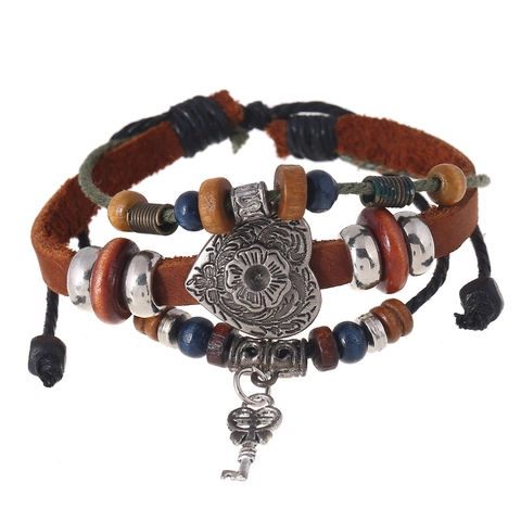 Vintage Cowhide Leather Multilayer Braided Bracelet For Men Women Bohemian Punk Heart Key Pendant Adjustable Beaded Hand Jewelry