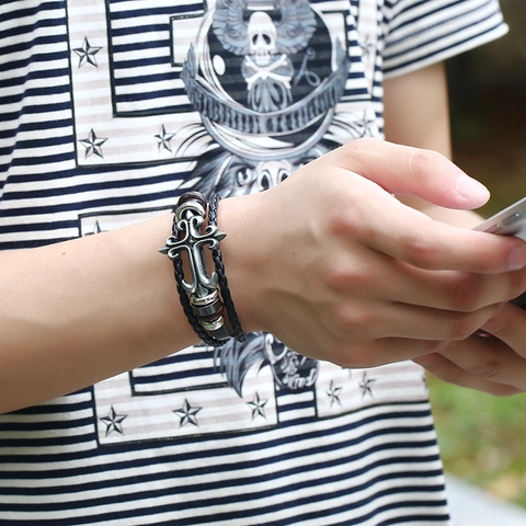 Retro Multilayer Braided Cowhide Leather Bracelet For Men Women Alloy Cross Pendant Punk Gothic Beaded Wristband Jewelry Wrist Strap