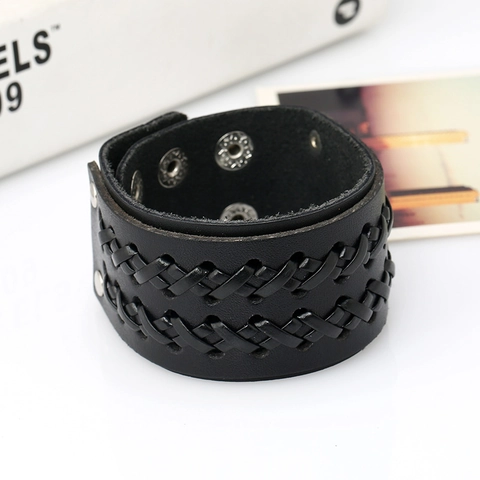 Vintage Punk Breit Leder Geflochten Armband Für Damen Herren Verstellbare Druckknöpfe Handgefertigte Rock Schmuck