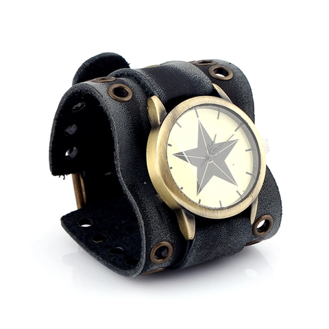 Orologio al Quarzo da Uomo in Pelle di Vacchetta Punk Vintage Cinturino Largo Cassa Bronzo Borchie Analogico Rock