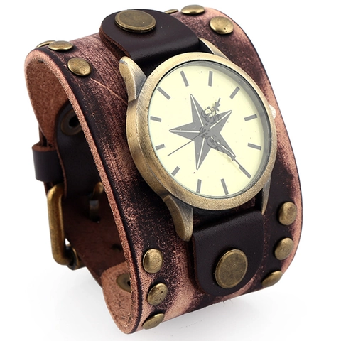 Orologio da Polso da Uomo in Stile Punk Retrò con Cinturino Largo in Pelle di Vacca Rivetti in Lega Quadrante Stella