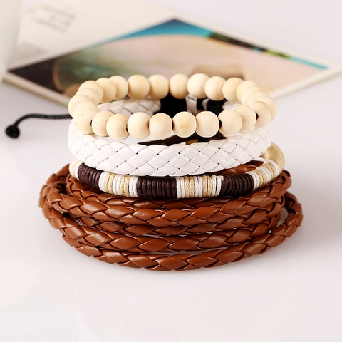 Vintage Mehrlagig Geflochten Kunstleder Holzperlen Armband Für Herren Ethno-Stil Handgefertigter PU Seil Schmuck Zubehör