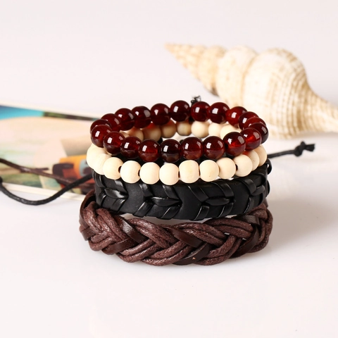 Bracelet Tressé en Cuir de Vachette Vintage Punk pour Hommes Femmes Multicouche Tissé PU Cordon de Cire Perle de Bois Bijoux Ethniques