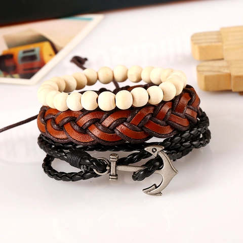 Vintage Nautisch Anker Geweven Leer Houten Kralen Armband Set Punk Boheems Multi-layer Sieraden Voor Mannen Vrouwen