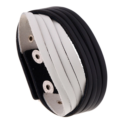 Bracciale Multistrato in Vera Pelle di Vacca Vintage Punk per Uomo Donna Splicing Nero Bianco Bottone a Pressione Metallo Gioiello