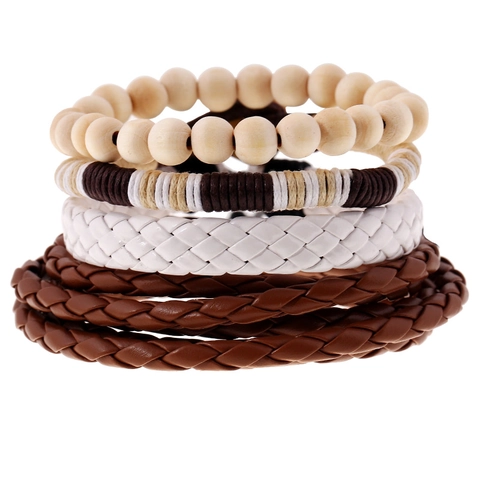 Vintage Mehrlagig Geflochten Kunstleder Holzperlen Armband Für Herren Ethno-Stil Handgefertigter PU Seil Schmuck Zubehör