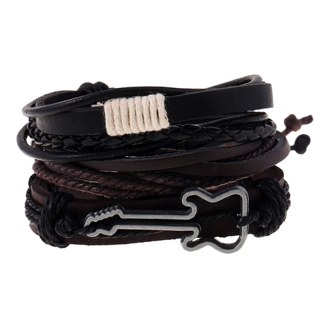 Vintage Punk Rock Multilayer Cowhide Leather Bracelet With Alloy Guitar Charm Wood Beads Adjustable Handmade Woven Jewelry