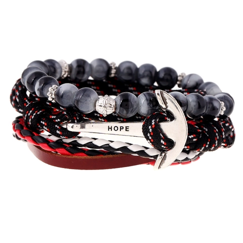 Bracciale Nautico in Pelle di Vacca Vintage Punk con Ancora Bracciale a Strati Intrecciato a Più Fili Ciondolo Hope in Lega Gioielli