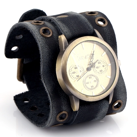 Orologio al Quarzo da Uomo in Pelle di Vacchetta Punk Vintage Cinturino Largo Cassa Bronzo Borchie Analogico Rock