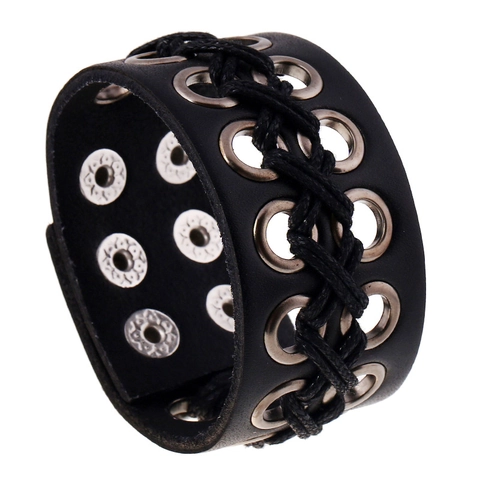 Bracelet en Cuir Large Punk Rétro pour Hommes Corde Tissée à la Main Clous en Métal Bracelet Manchette Réglable Bijoux de Mode