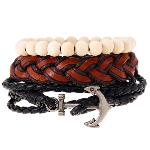 Vintage Nautisch Anker Geweven Leer Houten Kralen Armband Set Punk Boheems Multi-layer Sieraden Voor Mannen Vrouwen