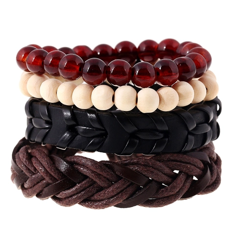 Bracelet Tressé en Cuir de Vachette Vintage Punk pour Hommes Femmes Multicouche Tissé PU Cordon de Cire Perle de Bois Bijoux Ethniques