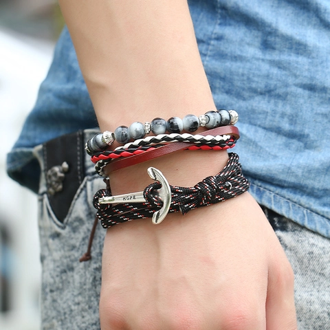 Bracciale Nautico in Pelle di Vacca Vintage Punk con Ancora Bracciale a Strati Intrecciato a Più Fili Ciondolo Hope in Lega Gioielli