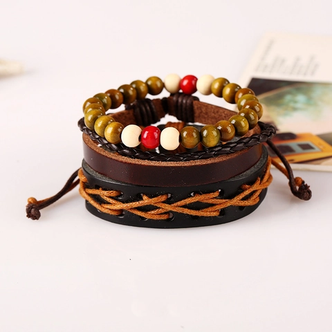 Vintage Multilayer Leather Bracelet For Men Women Braided Cowhide Cord Wood Beads Wrap Wristband Ethnic Punk Jewelry Gift