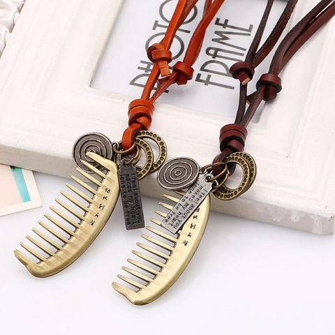 Collar de Cuero Auténtico con Colgante de Peine de Aleación Vintage para Hombres Mujeres Cadena Larga Ajustable Estilo Punk Joyería Hecha a Mano