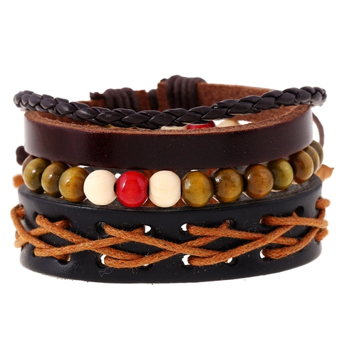 Vintage Multilayer Leather Bracelet For Men Women Braided Cowhide Cord Wood Beads Wrap Wristband Ethnic Punk Jewelry Gift